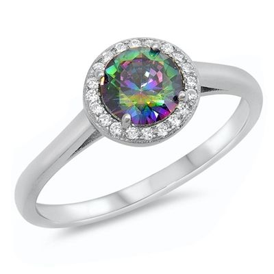Rainbow Simulated Topaz Wholesale Halo Engagement Sterling Silver Ring Size 4