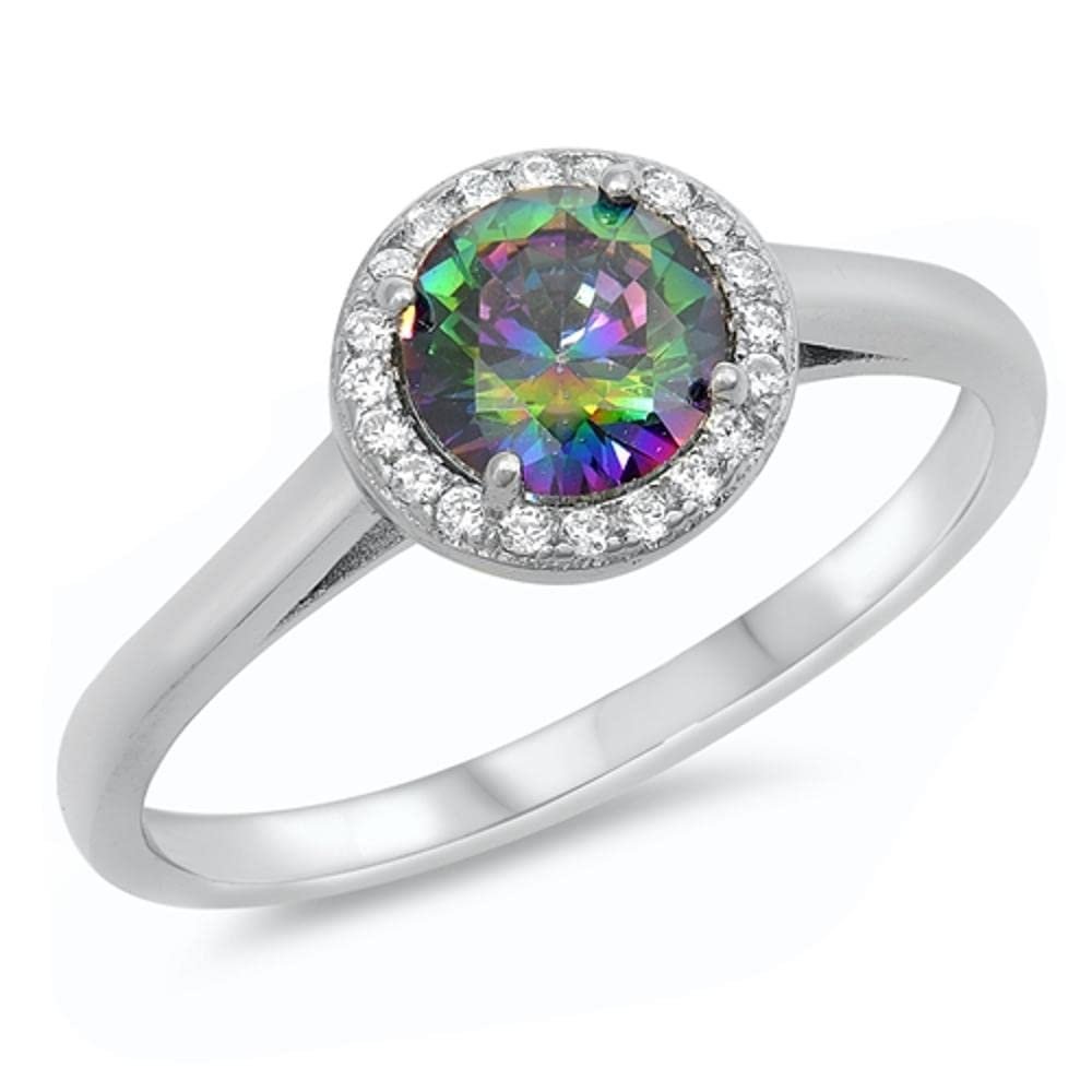 Rainbow Simulated Topaz Wholesale Halo Engagement Sterling Silver Ring Size 4