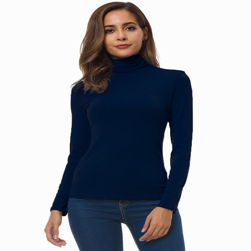 Womens Navy Turtleneck Tops Long Sleeve Lightweight Slim Active Shirt Navy Small