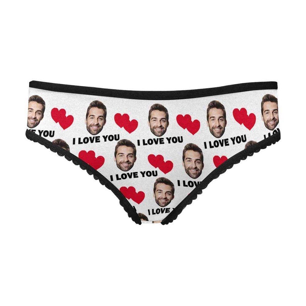 Custom Funny Boyfriend Face Red Love Heart I Love You White Women's Brief Panty Printed with Photo for Girlfriend L