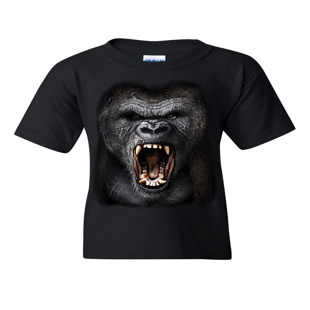 Angry Gorilla Roar Youth T-Shirt Wild Africa Silverback Great Ape Kids Tee Black Large