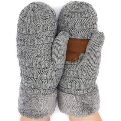 Funky Junque Mittens for Women  Fleece Lined Winter Gloves, Women's Fuzzy Warm Mittens for Cold Weather, Cozy Knit Soft Fashionable Accessories - Heather Grey