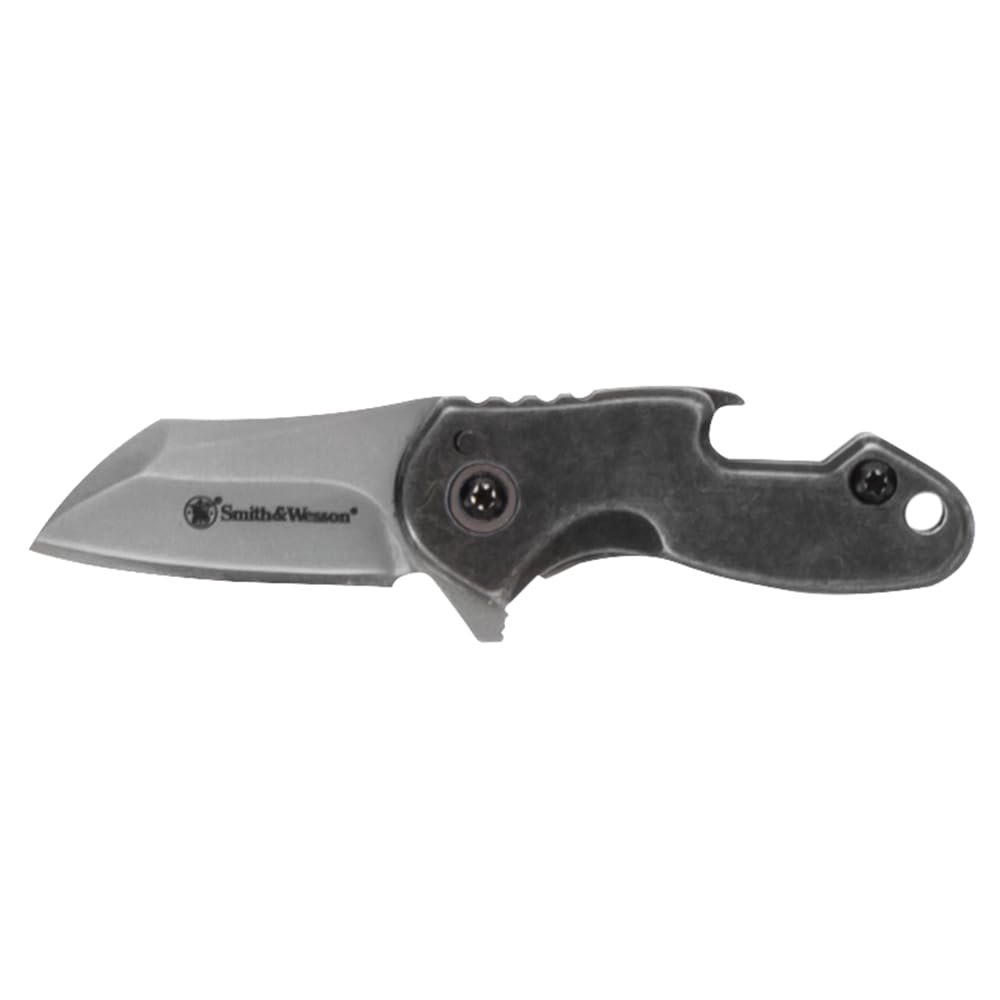 Smith & Wesson Drive 3.25in S.S. Folding Keychain Knife with 1.25in Modified Tanto Blade and Stonewashed Handle for Outdoor, Tactical, Survival and EDC
