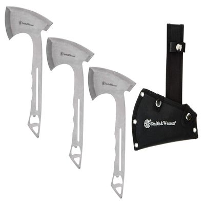Smith & Wesson Hawkeye Throwing Axes with 10in Full Tang Stainless Steel Design, Bottle Opener and Nylon Sheath for Recreation and Competition, 3 pack