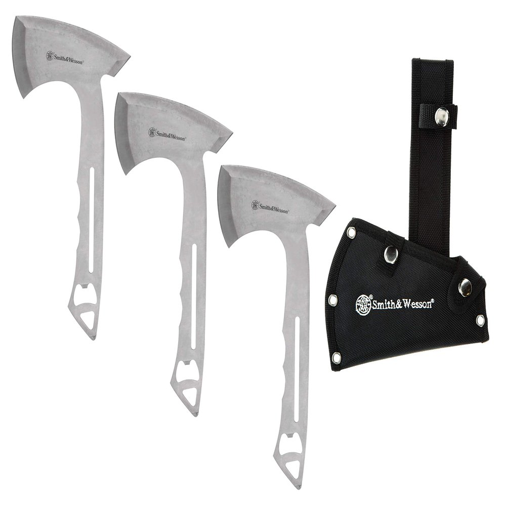 Smith & Wesson Hawkeye Throwing Axes with 10in Full Tang Stainless Steel Design, Bottle Opener and Nylon Sheath for Recreation and Competition, 3 pack