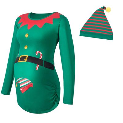 Women's Maternity Christmas Long Sleeve T-Shirt Side Ruched Tops Elf Pregnancy Clothes (Green, Medium)