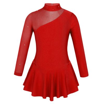 inlzdz Kids Girls Long Sleeves Ice Roller Skating Dress Keyhole Back Ballet Dance Gymnastics Leotard Red 8