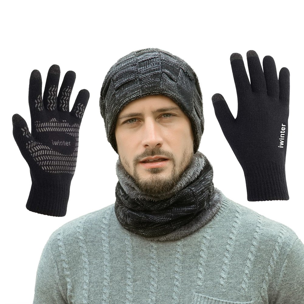 MAYLISACC Winter 3 Pcs Slouchy Beanie Hat-Scarf-and-Glove Set for Men and Women BlackGrey