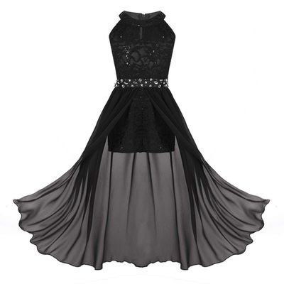 Aislor Big Girls Floral Lace Rhinestone Chiffon Lyrical Dance Dress Kids Princess Birthday Wedding Formal Ball Gowns Black 10 Years