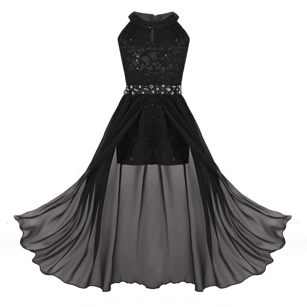 Aislor Big Girls Floral Lace Rhinestone Chiffon Lyrical Dance Dress Kids Princess Birthday Wedding Formal Ball Gowns Black 10 Years