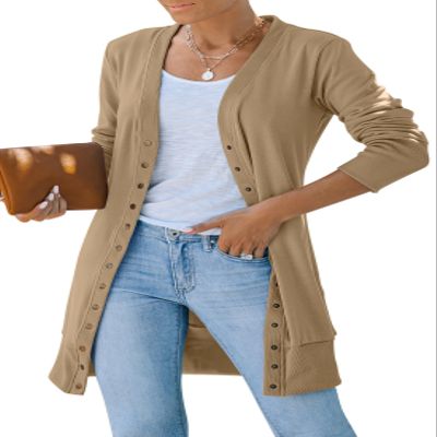 MEROKEETY Women's 2026 Spring Long Sleeve Cardigan Sweater Lightweight Snap Button Down Open Front Casual Outfit, Khaki, L
