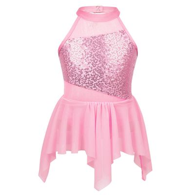 Aislor Big Girls Lyrical Ballet Dance Leotard Dresses Halter Sequins Irregular Figure Ice Skating Skirts Pink 6 Years