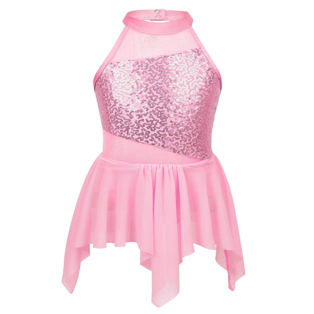 Aislor Big Girls Lyrical Ballet Dance Leotard Dresses Halter Sequins Irregular Figure Ice Skating Skirts Pink 6 Years