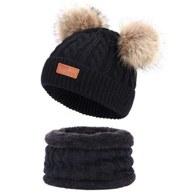 Fashion Warm Winter Fur Pompon Hat and Scarf Sets For Kids Girls Knitted Beanie Hat Scarf Warm Accessories (Black)