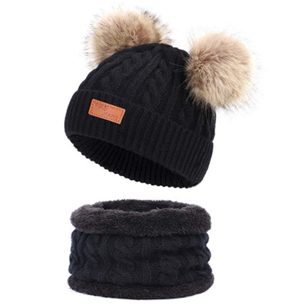 Fashion Warm Winter Fur Pompon Hat and Scarf Sets For Kids Girls Knitted Beanie Hat Scarf Warm Accessories (Black)