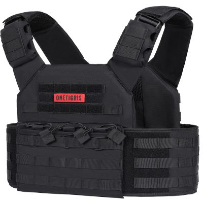 OneTigris CamoColor Tactical Vest, Adjustable Waistband from 36" to 46" (Black)