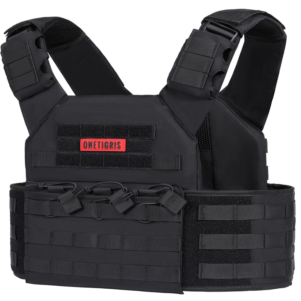 OneTigris CamoColor Tactical Vest, Adjustable Waistband from 36" to 46" (Black)