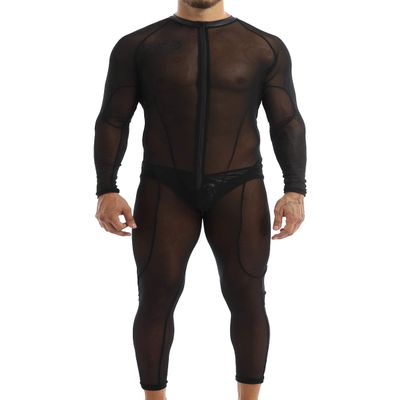 ACSUSS Men's Long Sleeve Mesh Bodysuit Leotard Catsuit See Through Singlet Wrestling Underwear Black Large