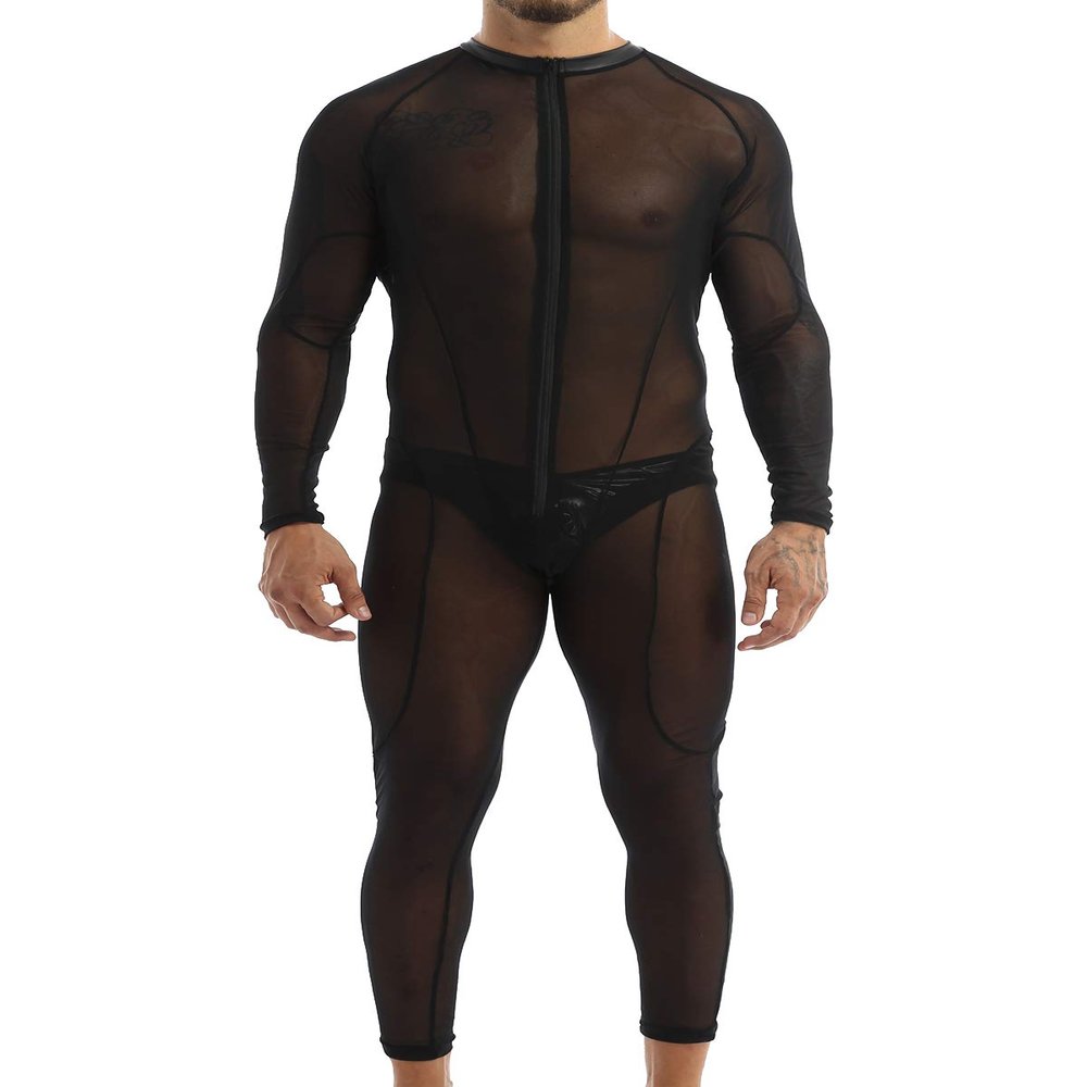 ACSUSS Men's Long Sleeve Mesh Bodysuit Leotard Catsuit See Through Singlet Wrestling Underwear Black Large