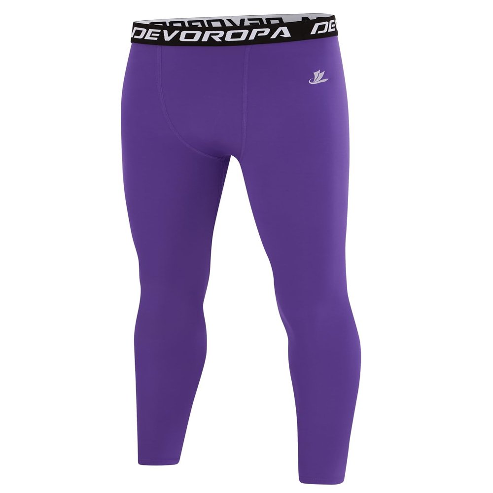 DEVOROPA Boys Leggings Quick Dry Youth Compression Pants Sports Tights Basketball Base Layer Purple XL
