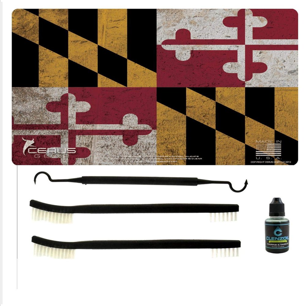 EDOG Maryland State Flag 5 PC Cerus Gear Heavy Duty Pistol Cleaning 12x17 Padded Gun-Work Surface Protector Mat Solvent & Oil Resistant & 3 PC Cleaning Essentials & Clenzoil, Made in the USA