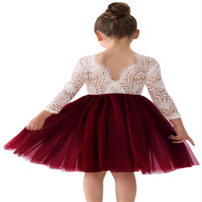2Bunnies Girl Peony Lace Back A-Line Straight Tutu Tulle Party Flower Girl Dress (Burgundy Sleeve Short, 6)