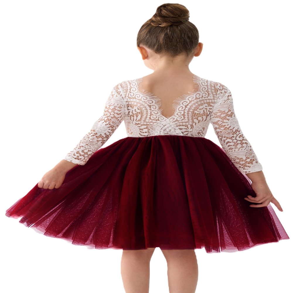 2Bunnies Girl Peony Lace Back A-Line Straight Tutu Tulle Party Flower Girl Dress (Burgundy Sleeve Short, 6)