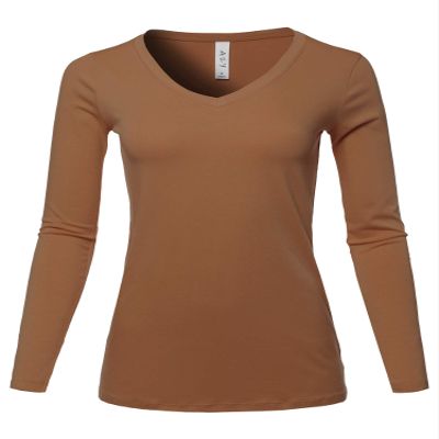 A2Y Basic Solid Soft Cotton Long Sleeve V-Neck Top T-Shirt Light Brown S
