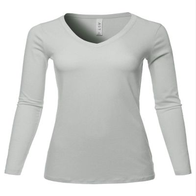 A2Y Basic Solid Soft Cotton Long Sleeve V-Neck Top T-Shirt Light Grey S