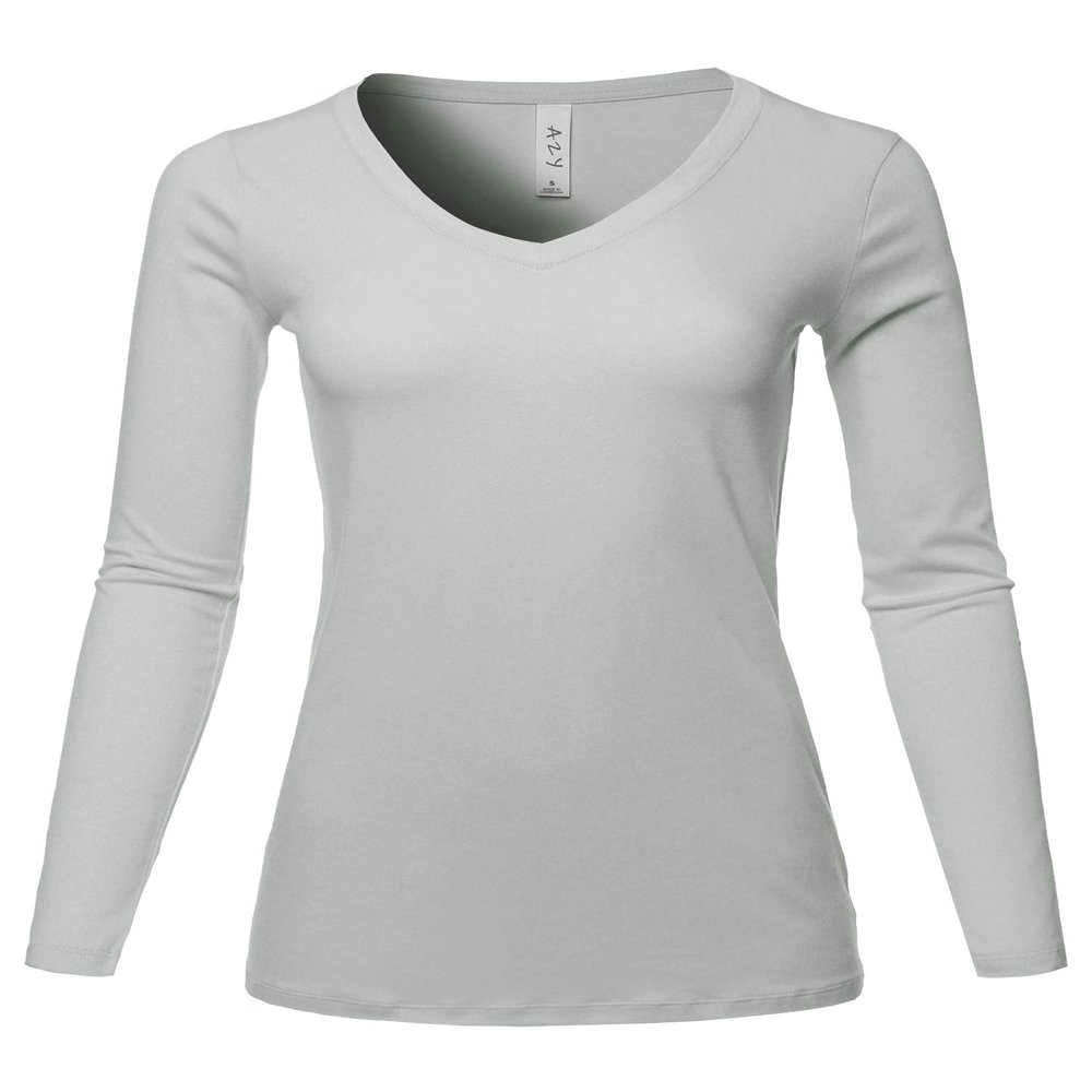 A2Y Basic Solid Soft Cotton Long Sleeve V-Neck Top T-Shirt Light Grey S