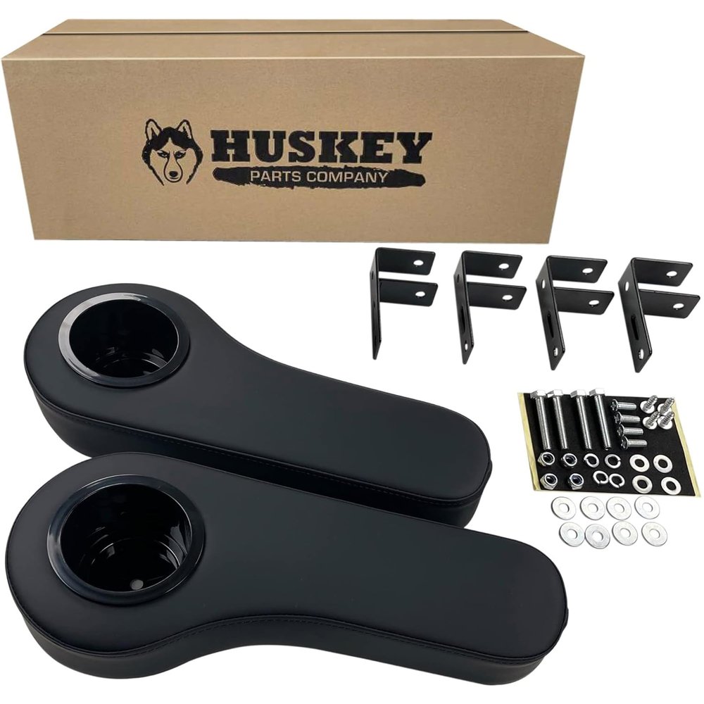Huskey 2X Black Rear Seat Arm Rests with Cup Holder for Ezgo TXT/RXV Golf Carts Installed by Using Our Non-Drill Brackets or Drilling into Your arm Rest