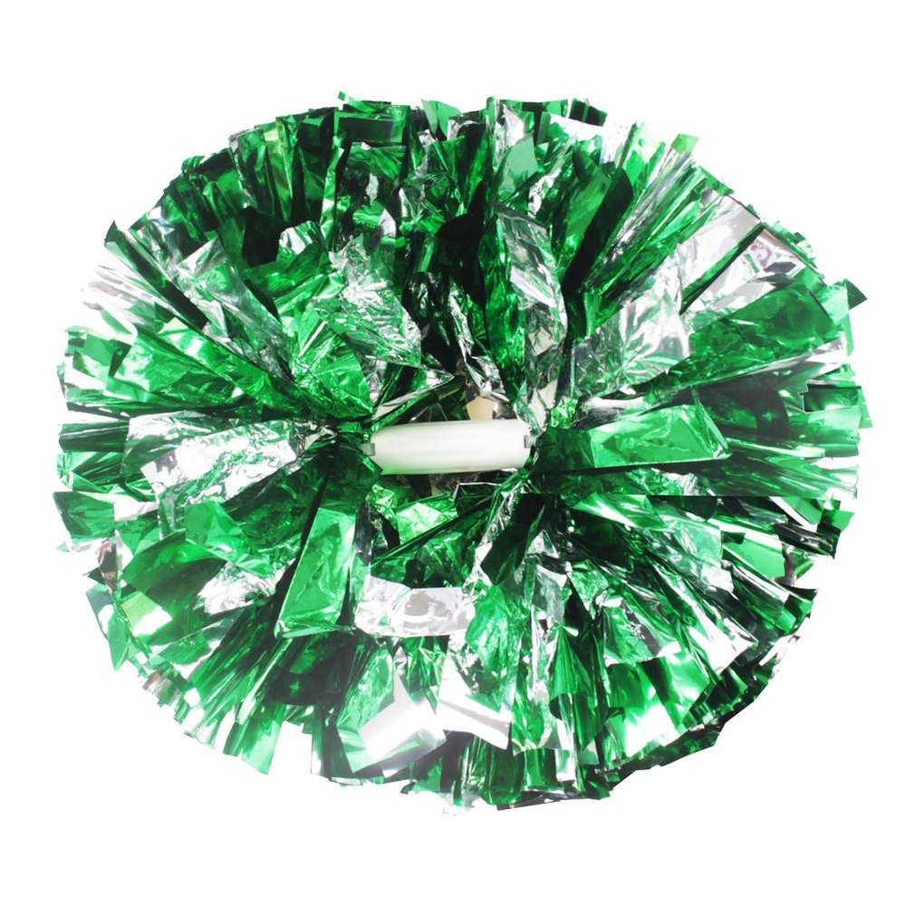 Hooshing 2PCS Green and Silver Pom Poms Cheerleading with Baton Handle for Team Spirit Sports Dance Cheering