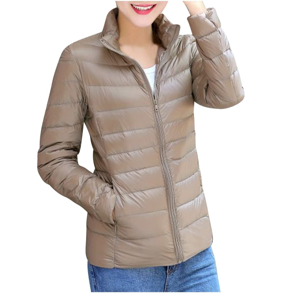 hlysgo Women's Slim-Fit Quilted Puffer Jacket Lightweight Padded Warm Winter Casual Down Coat Zip Jackets Khaki