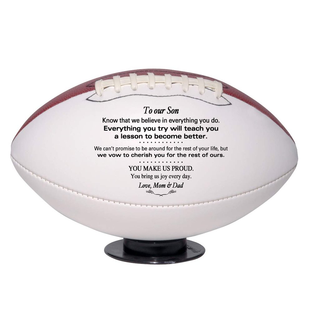 Personalized Custom Football - Dad, Mom, Grandpa, Grandma to Son or Grandson - Graduation Birthday Wedding Gift (Full Size Regulation, to Our Son)