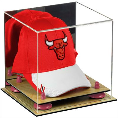 Better Display Cases Acrylic Basketball Hat or Cap Display Case with Mirror, Pink Risers and Wood Base (A006-PNR)