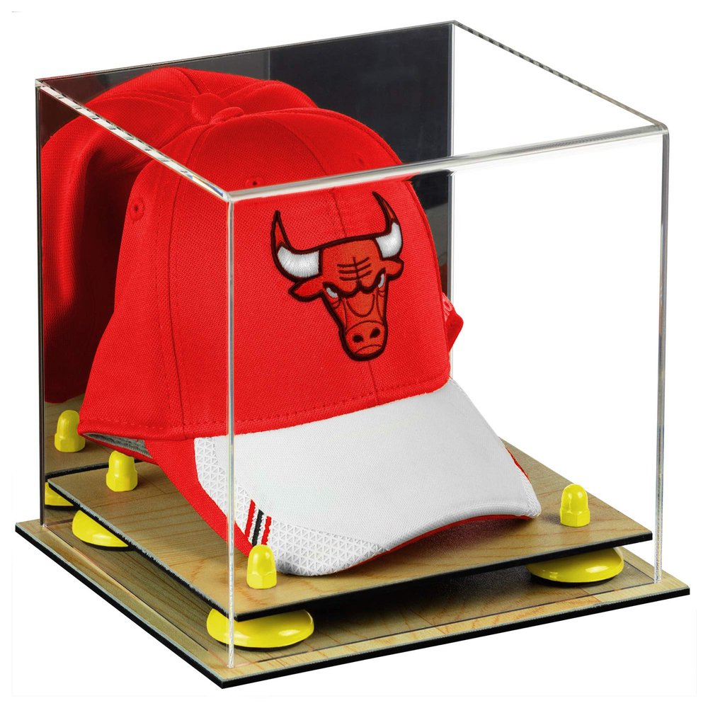 Better Display Cases Acrylic Basketball Hat or Cap Display Case with Mirror, Yellow Risers and Wood Base (A006-YR)