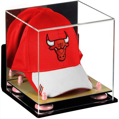 Better Display Cases Acrylic Basketball Hat or Cap Display Case with Mirror, Wall Mount, Pink Risers and Wood Base (A006-PNR)