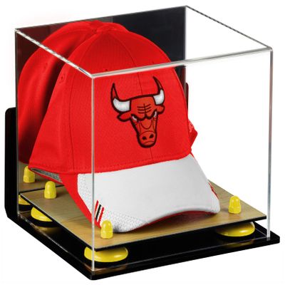 Better Display Cases Acrylic Basketball Hat or Cap Display Case with Mirror, Wall Mount, Yellow Risers and Wood Base (A006-YR)