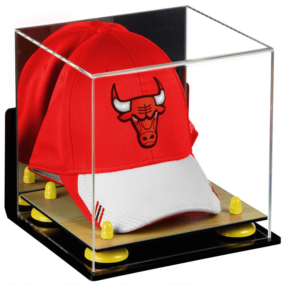 Better Display Cases Acrylic Basketball Hat or Cap Display Case with Mirror, Wall Mount, Yellow Risers and Wood Base (A006-YR)