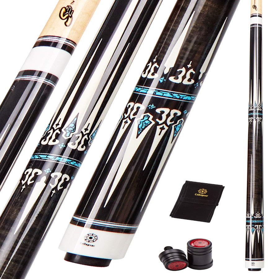 Collapsar CXT020 Pool Cue with Soft Case,Black with Cream Points and Turquoise,Wrapless Dark Gray Curly Maple Handle, 58Inch Professional Pool Stick (Dark Gray Handle, 19 Ounce)