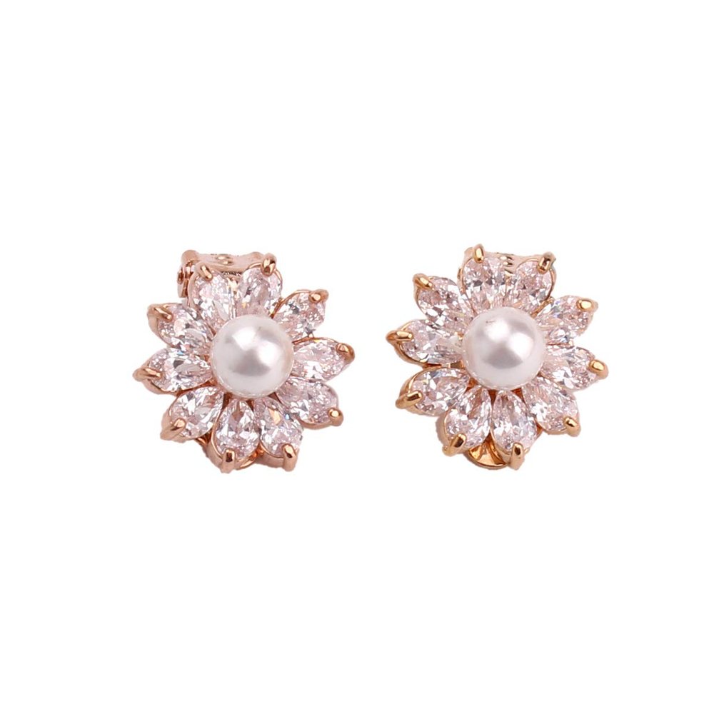 HAPPYAN High-grade Copper AAA Cubic Zircon Pearl Flower Shape Clip on Earrings No Pierced for Women Party Wedding Senstive ears hypoallergenic Clip-ons (Gold Color Clip-ons)