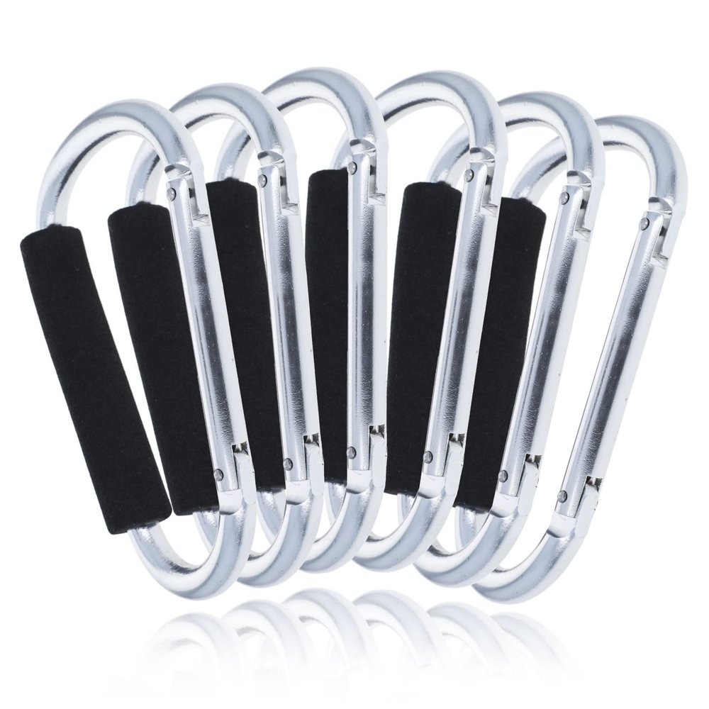 ASR Outdoor 6-Pack Silver Jumbo Aluminum Carabiner Hiking Non-Locking Spring Clip Cushion Grip, 6.5 inch