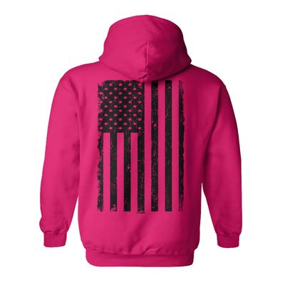 Tcombo Distressed Black USA Flag - United States Unisex Hoodie Sweatshirt (Pink - Back Print, Large)