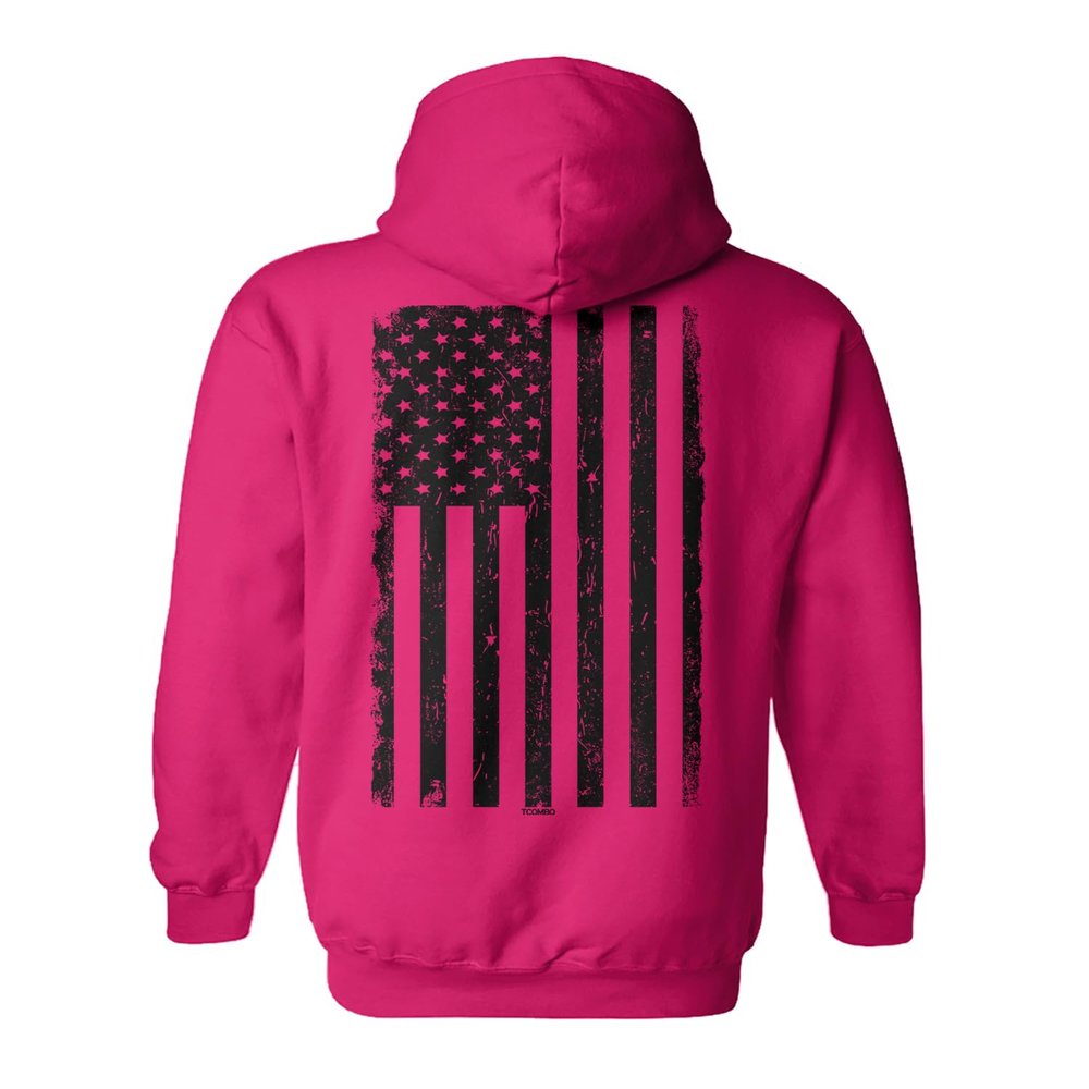 Tcombo Distressed Black USA Flag - United States Unisex Hoodie Sweatshirt (Pink - Back Print, Large)