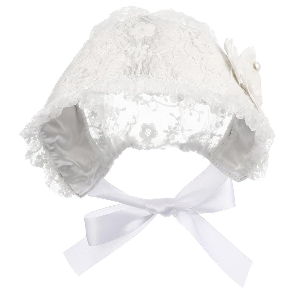 Baby Girls Bonnet Lace Hat Caps Christening Bonnet Infant Princess 5.9 * 7.47inch Sun Hat Flower Photo Props for 0-2 Years White