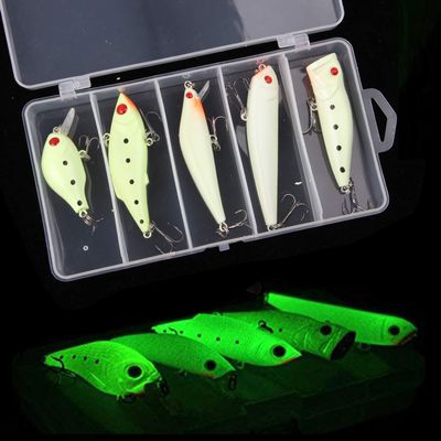 Glow Fishing Lures Kit, 5/10pcs Luminous VIB Popper Crank Minnow Pencil for Night Fishing Glow in The Dark Artificial Hard Bait with Treble Hook Tackle Box for Bass Trout Catfish
