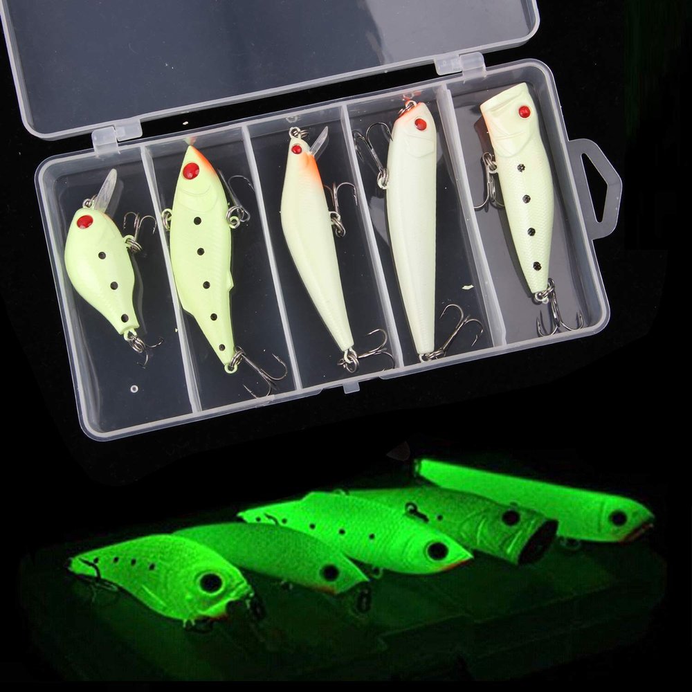 Glow Fishing Lures Kit, 5/10pcs Luminous VIB Popper Crank Minnow Pencil for Night Fishing Glow in The Dark Artificial Hard Bait with Treble Hook Tackle Box for Bass Trout Catfish