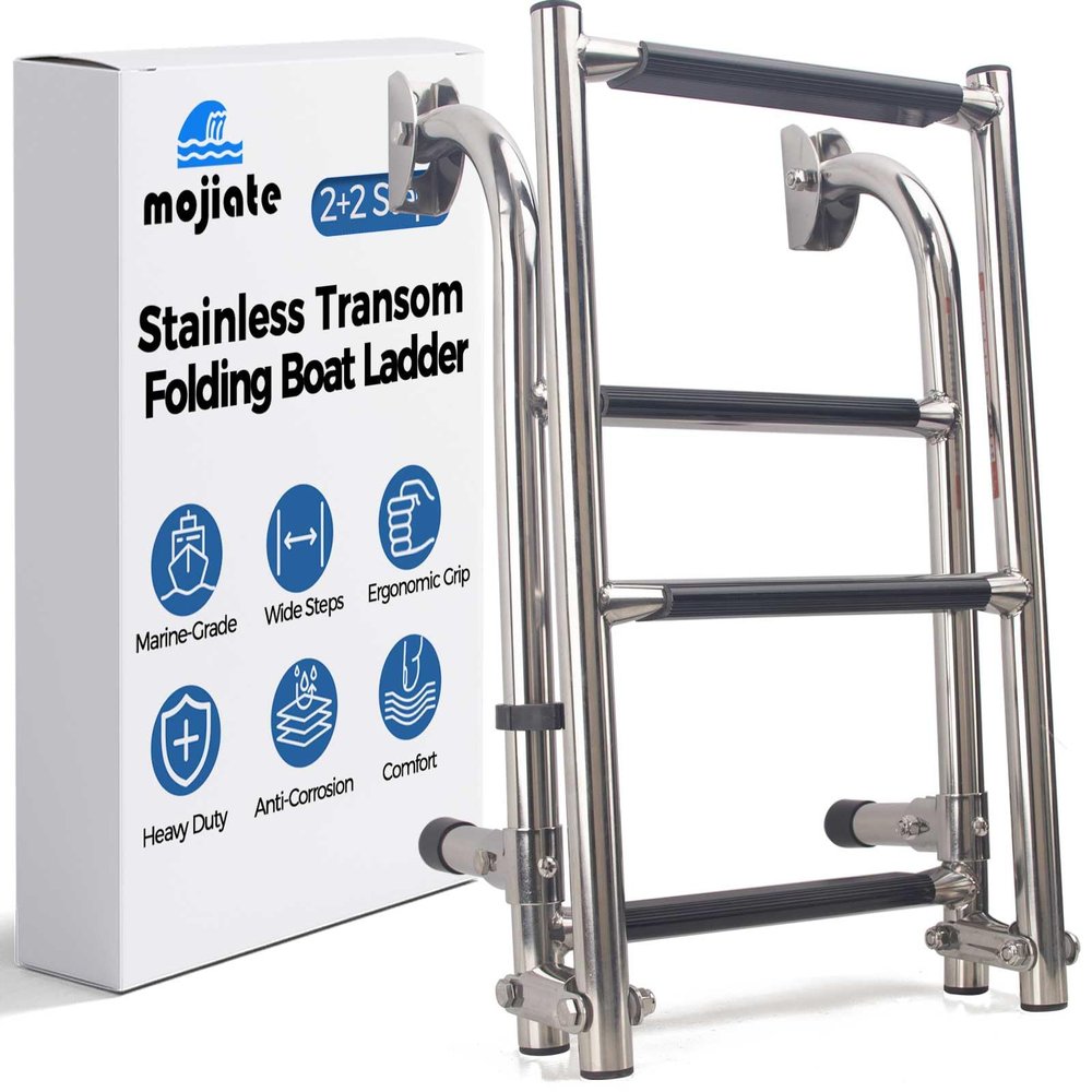 Mojiate Folding 4 Steps Boat Ladder Stainless Steel Marine Pontoon 2+2 Step for Marine Boat Yacht