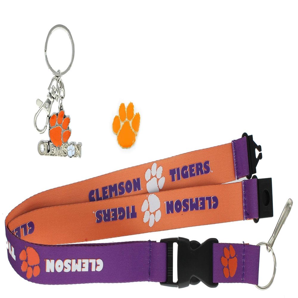 Aminco NCAA Clemson Tigers Team Reversable Lanyard, Logo Lapel Pin, and Metal Keychain Gift Bundle