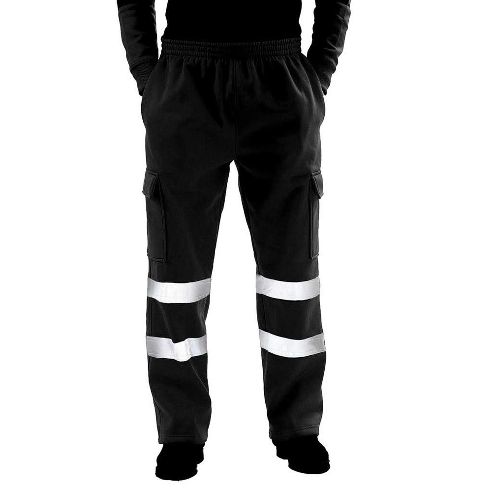 Men's Multi Pocketed High Visibility Pant Casual Reflective Overalls Sport Road Work Joggers Trousers (M, Black)